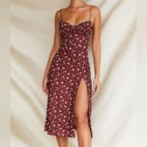 Burgundy Midi dress with floral print, high leg slit, babydoll top, size small